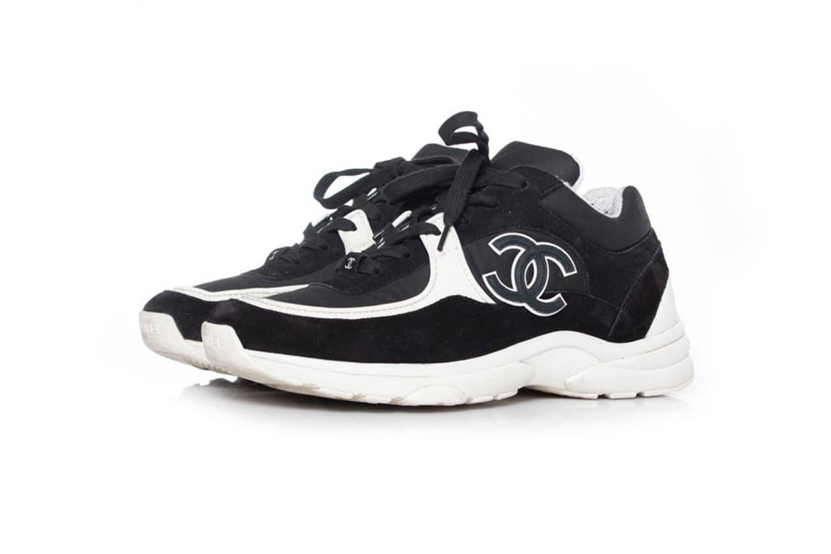 copy of Chanel Fabric Suede Calfskin Quilted CC Sneakers Black White
