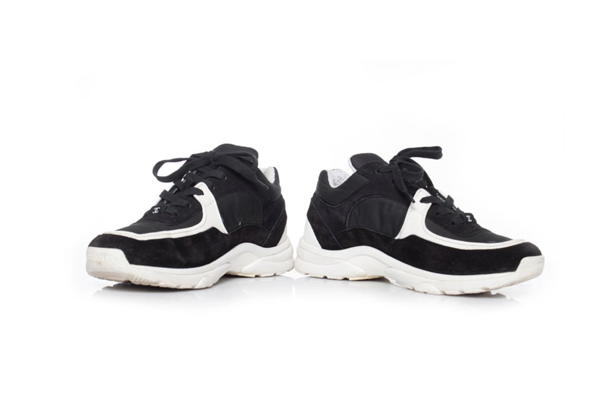 copy of Chanel Fabric Suede Calfskin Quilted CC Sneakers Black White