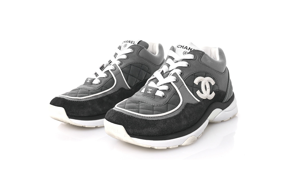 Chanel Fabric Suede Calfskin Quilted CC Sneakers Dark Grey