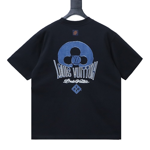 Louis Vuitton Distressed Denim Patchwork Embroidered T-Shirt Black