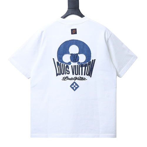 Louis Vuitton Distressed Denim Patchwork Embroidered T-Shirt White