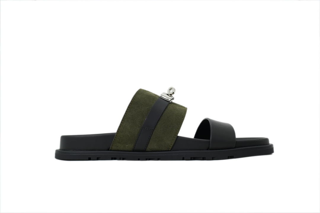Hermes Flat Slide Sandals Black and Green Zoanthids