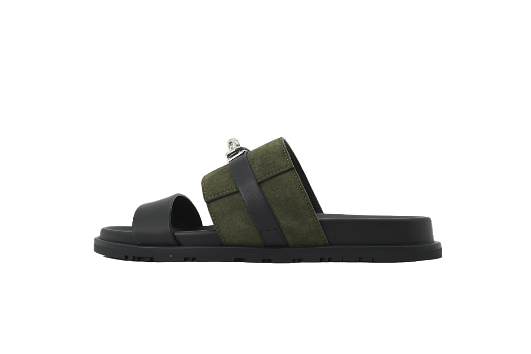 Hermes Flat Slide Sandals Black and Green Zoanthids