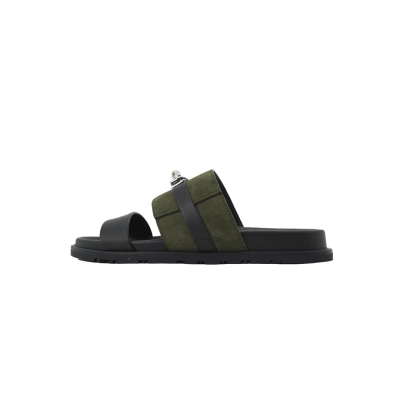 Hermes Flat Slide Sandals Black and Green Zoanthids 01
