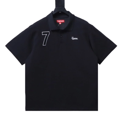 Supreme 25SS No.7 Script Embroidered Short-Sleeve Polo Shirt Black 01