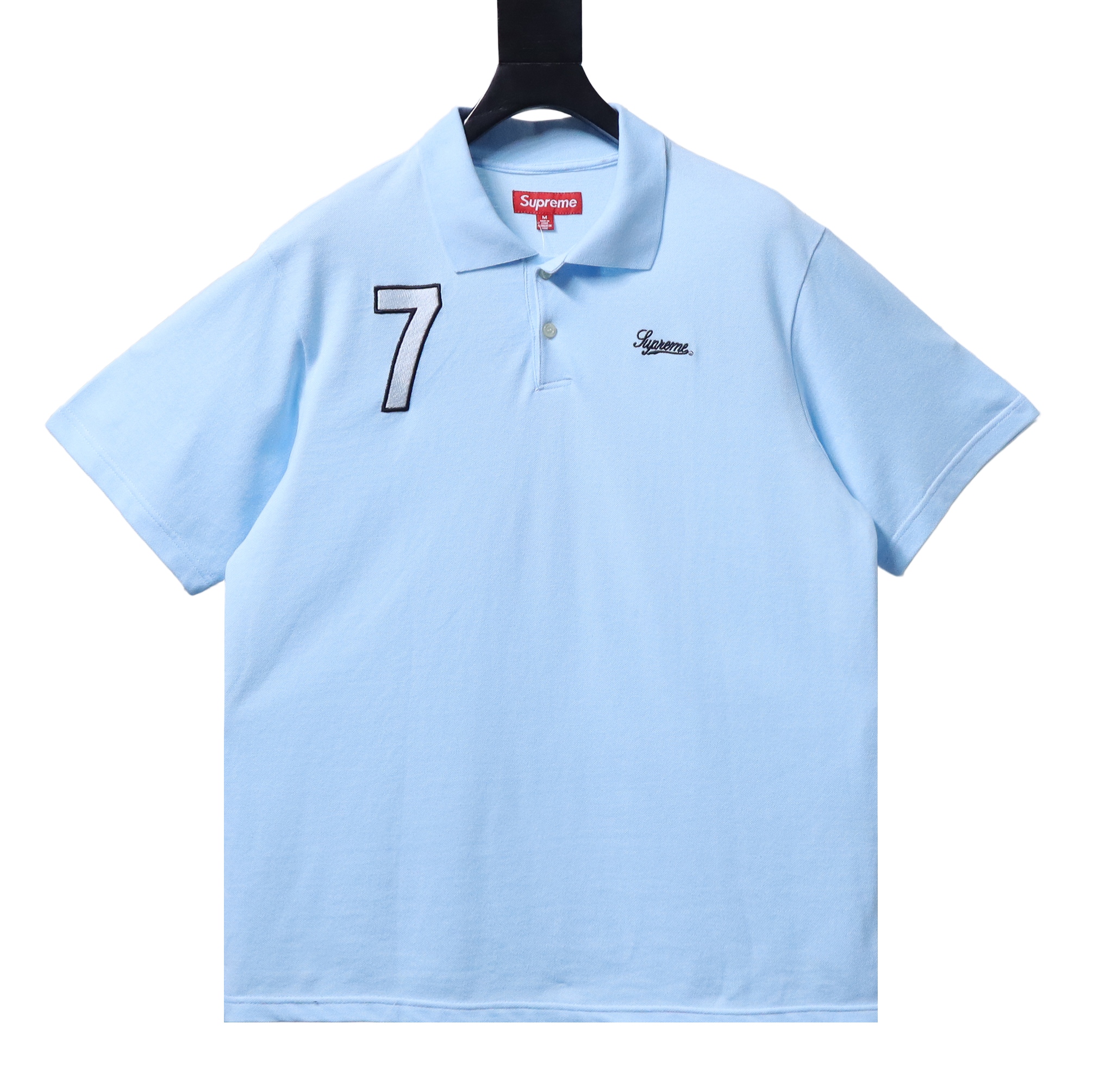 Supreme 25SS No.7 Script Embroidered Short-Sleeve Polo Shirt Sky Blue