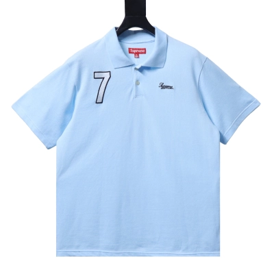Supreme 25SS No.7 Script Embroidered Short-Sleeve Polo Shirt Sky Blue 01