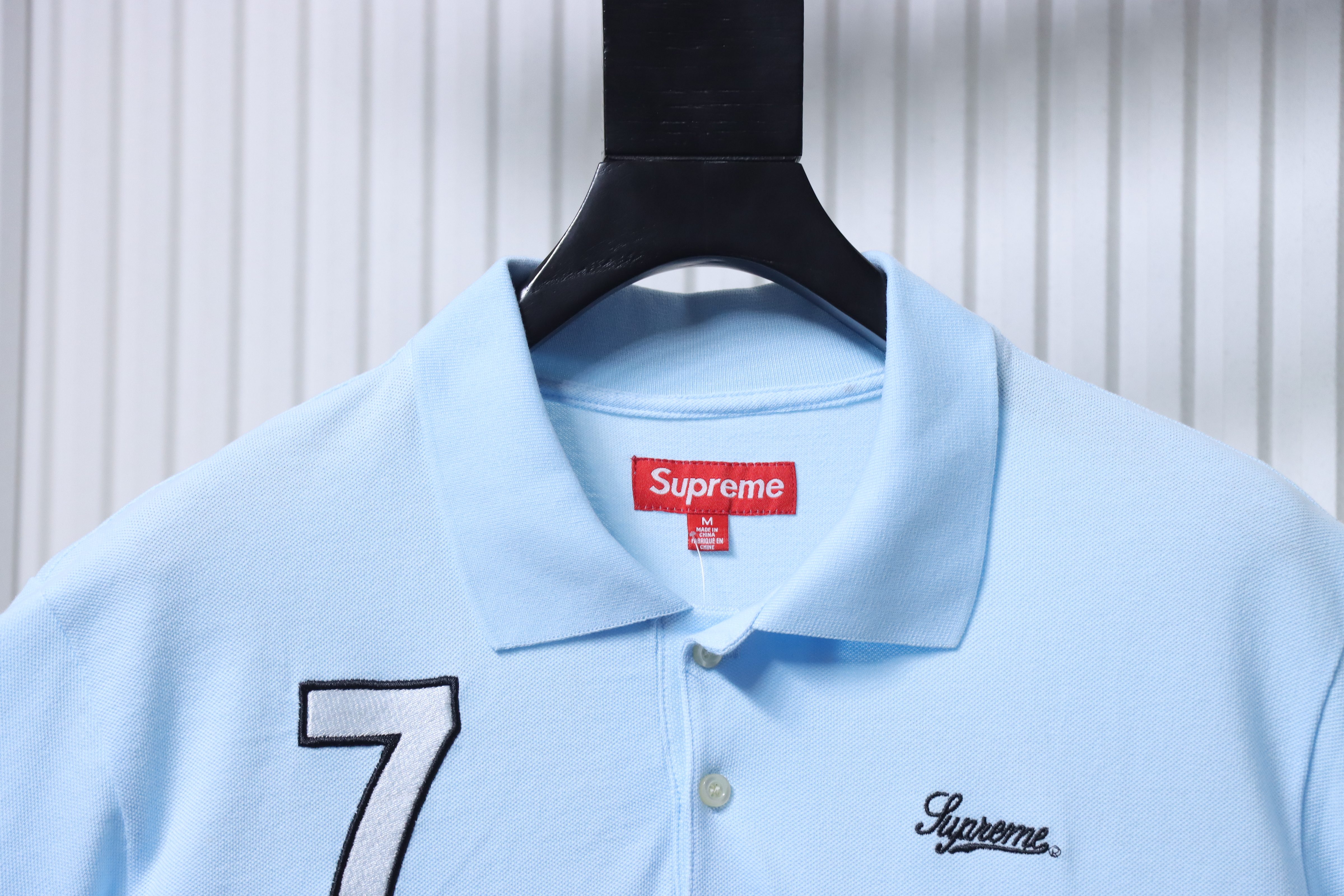 Supreme 25SS No.7 Script Embroidered Short-Sleeve Polo Shirt Sky Blue