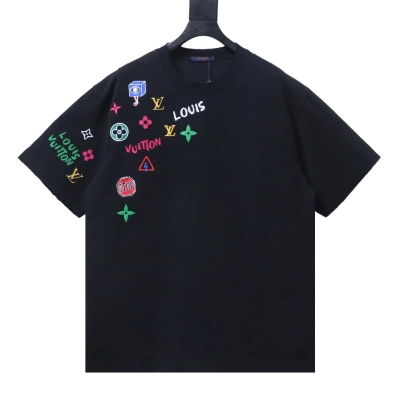 Louis Vuitton SS26 Short-Sleeve T-Shirt with Mixed-Element Prints and Embroidered Lettering Black 01