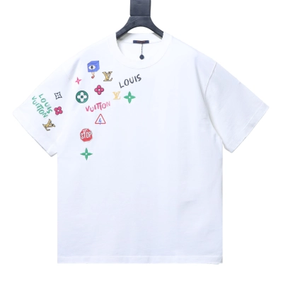 Louis Vuitton SS26 Short-Sleeve T-Shirt with Mixed-Element Prints and Embroidered Lettering White 01