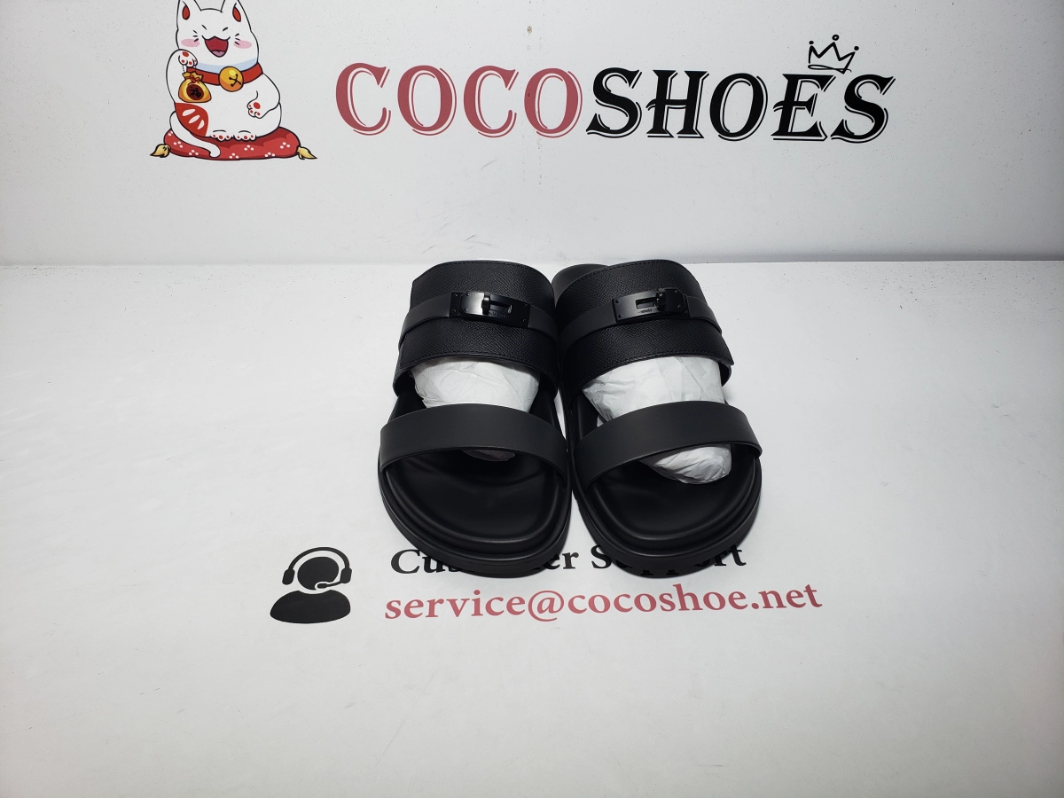 COCOSHOES QC | Hermes Flat Slide Sandals Black Lychee-Grain Button