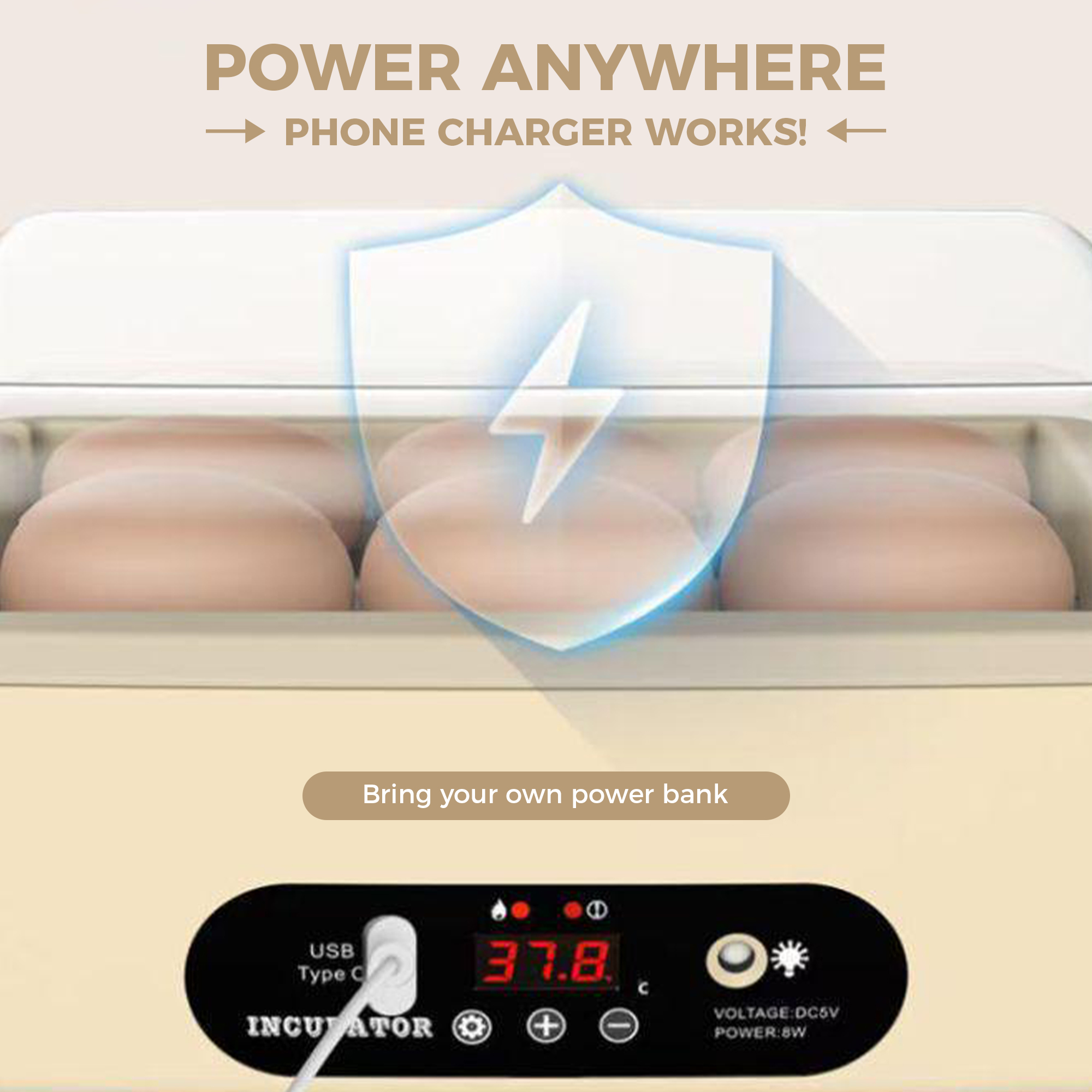 USB-Powered Egg Incubator  6-Egg Auto Roller Silent 