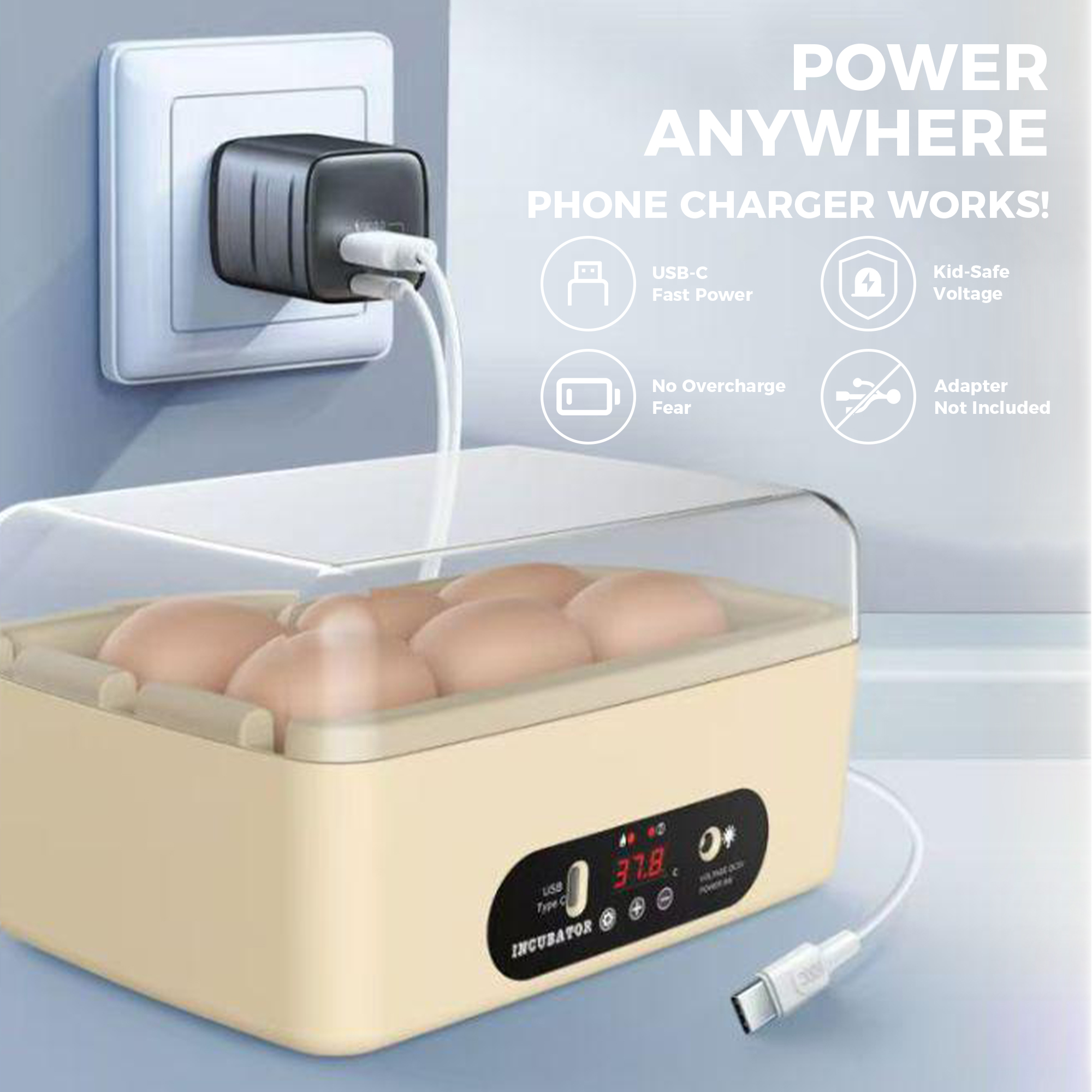 USB-Powered Egg Incubator  6-Egg Auto Roller Silent 