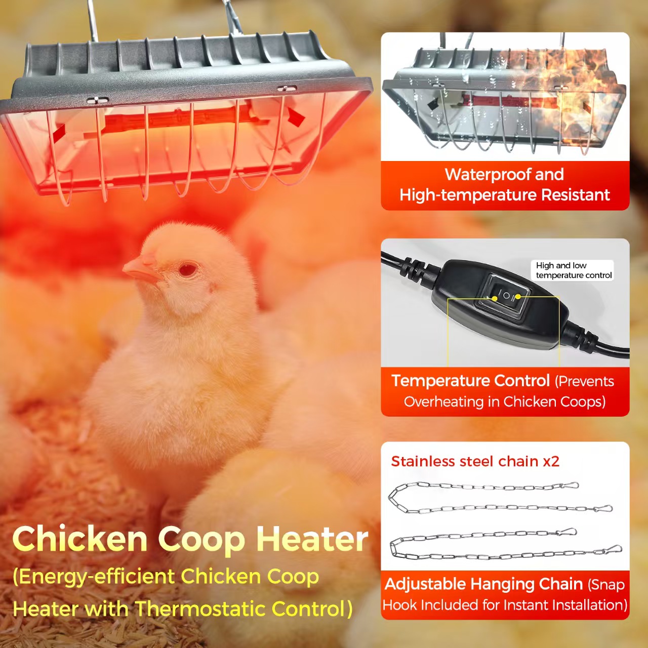 Chicken Coop Heat Lamp – 175W/250W Adjustable Hanging Infrared Heater 