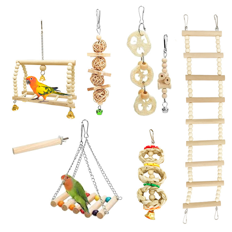 Natural Wood Bird Toys Set (8-Piece) – Swings, Ladder, Perch & Chew Toys
