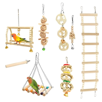 Natural Wood Bird Toys Set (8-Piece) – Swings, Ladder, Perch & Chew Toys 01