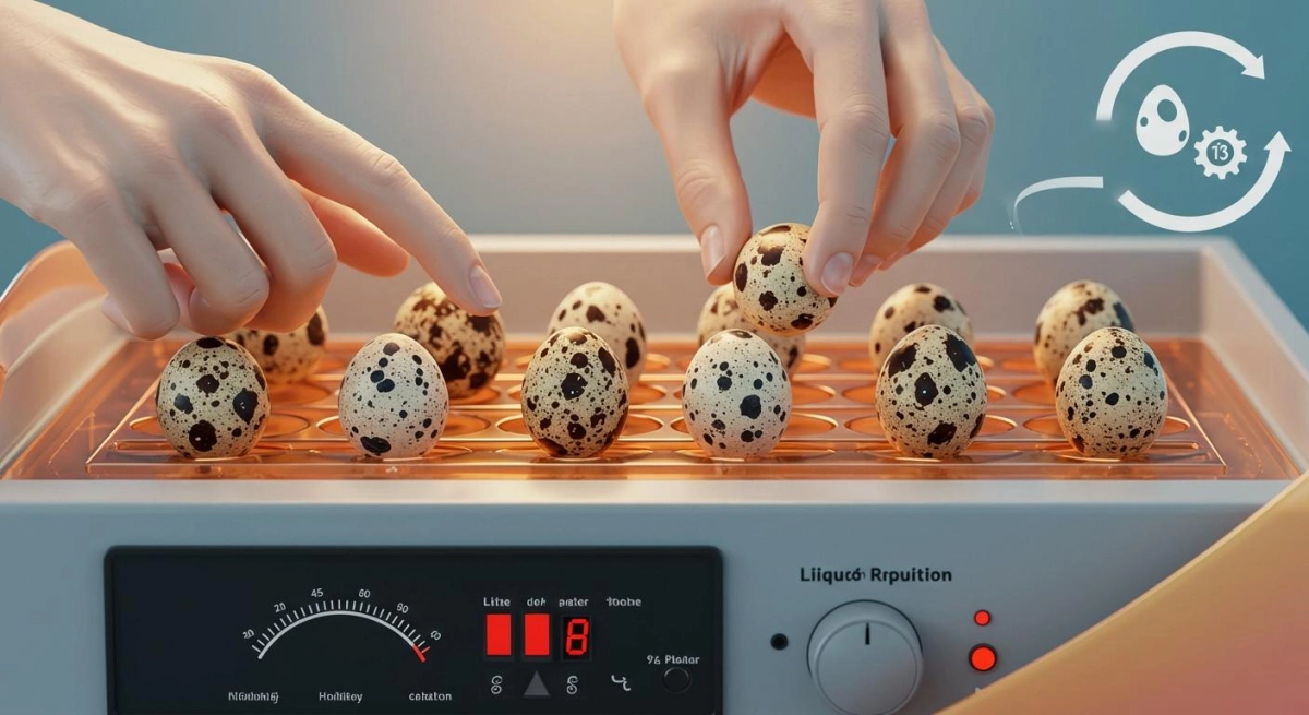 Turning quail eggs in an egg incubator with a gentle ~45° tilt—manual and automatic schedules during Days 1–14