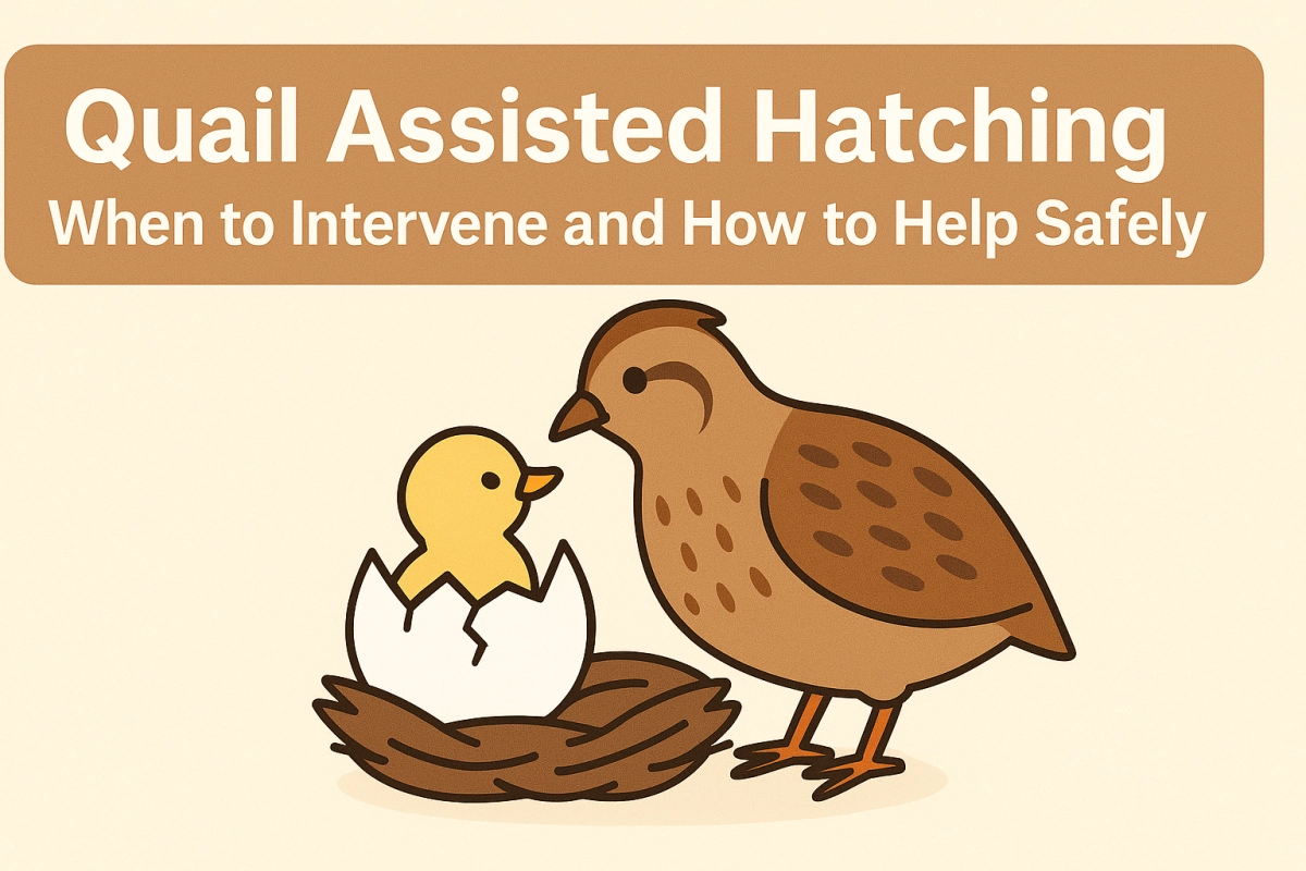 Simple and warm cartoon illustration of a mother quail assisting a chick hatching from its egg, representing safe intervention and gentle care.