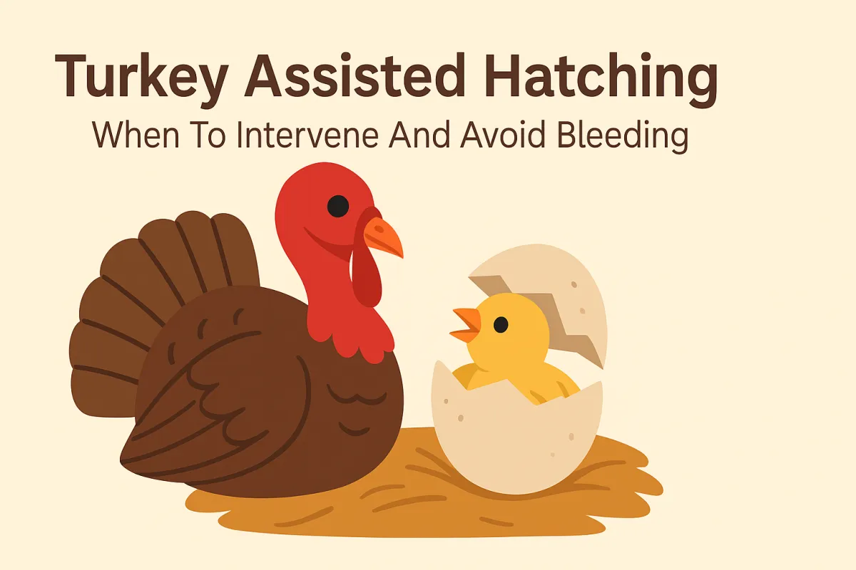 Minimalist cartoon of a mother turkey with red wattle and fan-shaped tail helping a chick hatch safely in a nest, showing gentle care and avoiding bleeding 