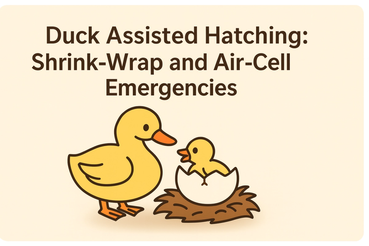 Minimalist cartoon illustration of a yellow mother duck assisting her duckling in hatching from an egg, representing safe help during shrink-wrap and air-cell emergencies.