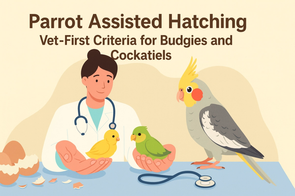 Minimalist educational cartoon of a veterinarian gently holding two baby parrots—a green budgie and a yellow cockatiel—while an adult cockatiel looks on, symbolizing vet-first and safe assisted hatchi