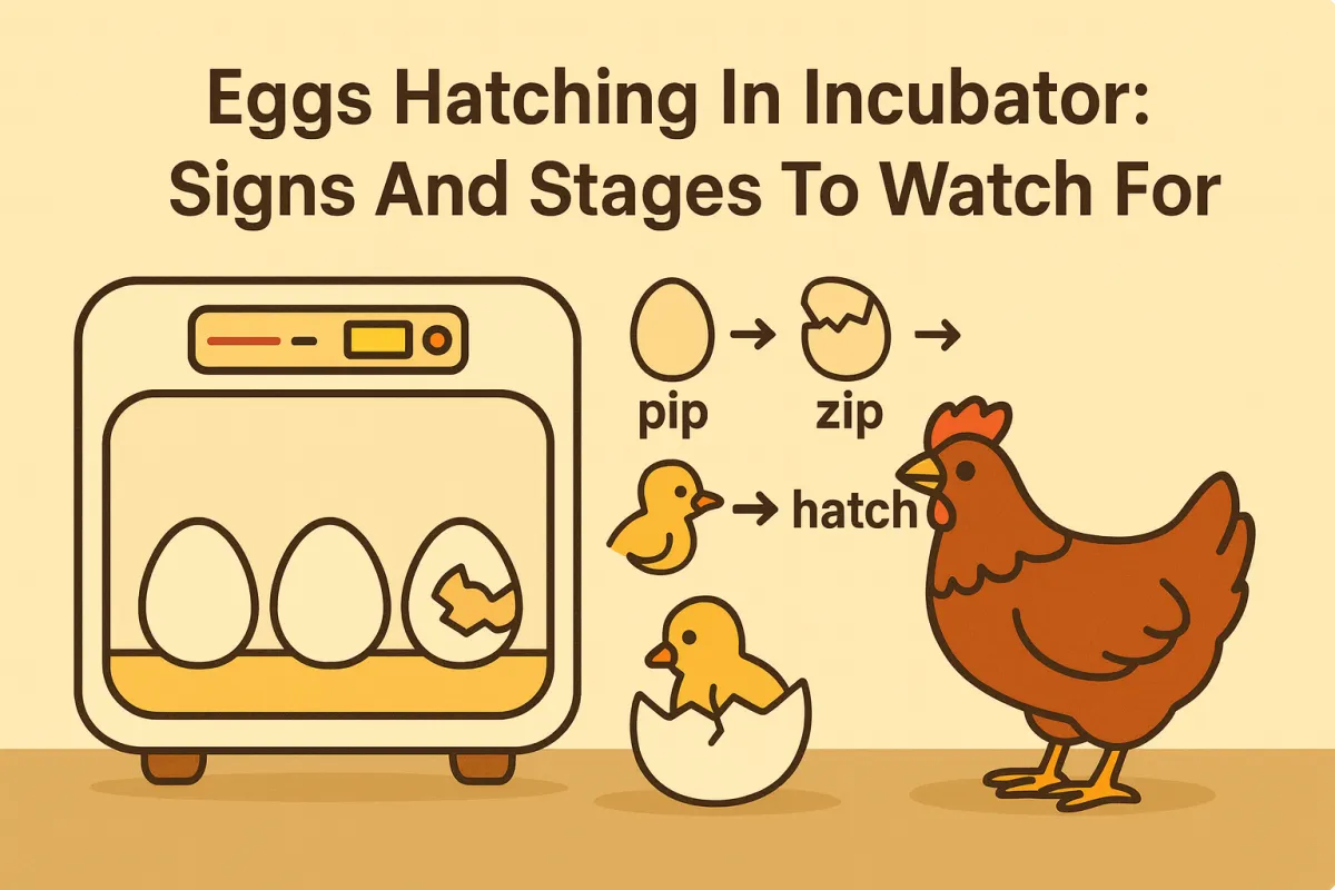 Minimalist educational illustration of a hen beside an incubator of eggs, one chick hatching, with a side panel showing the stages—pip, zip, hatch.
