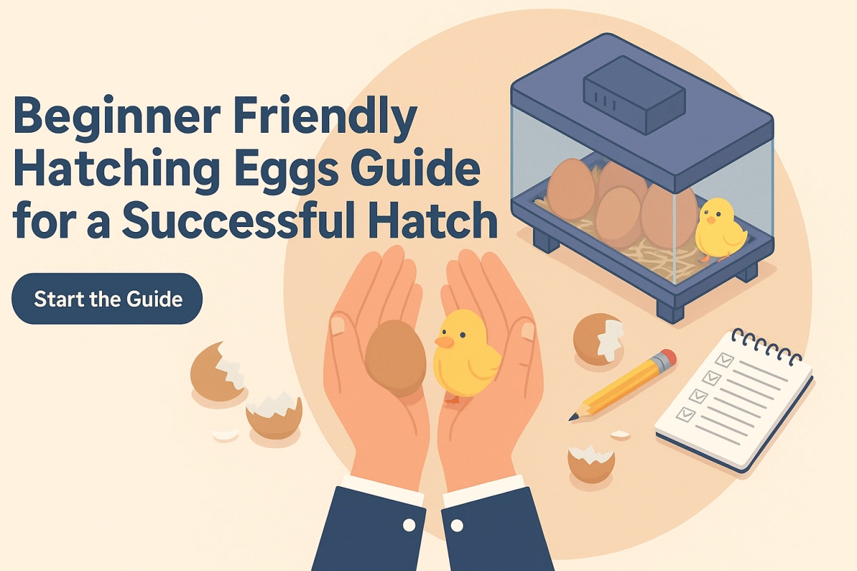 Beginner-friendly hatching eggs guide cover: hands holding a chick and egg, tabletop incubator and checklist for a successful hatch.