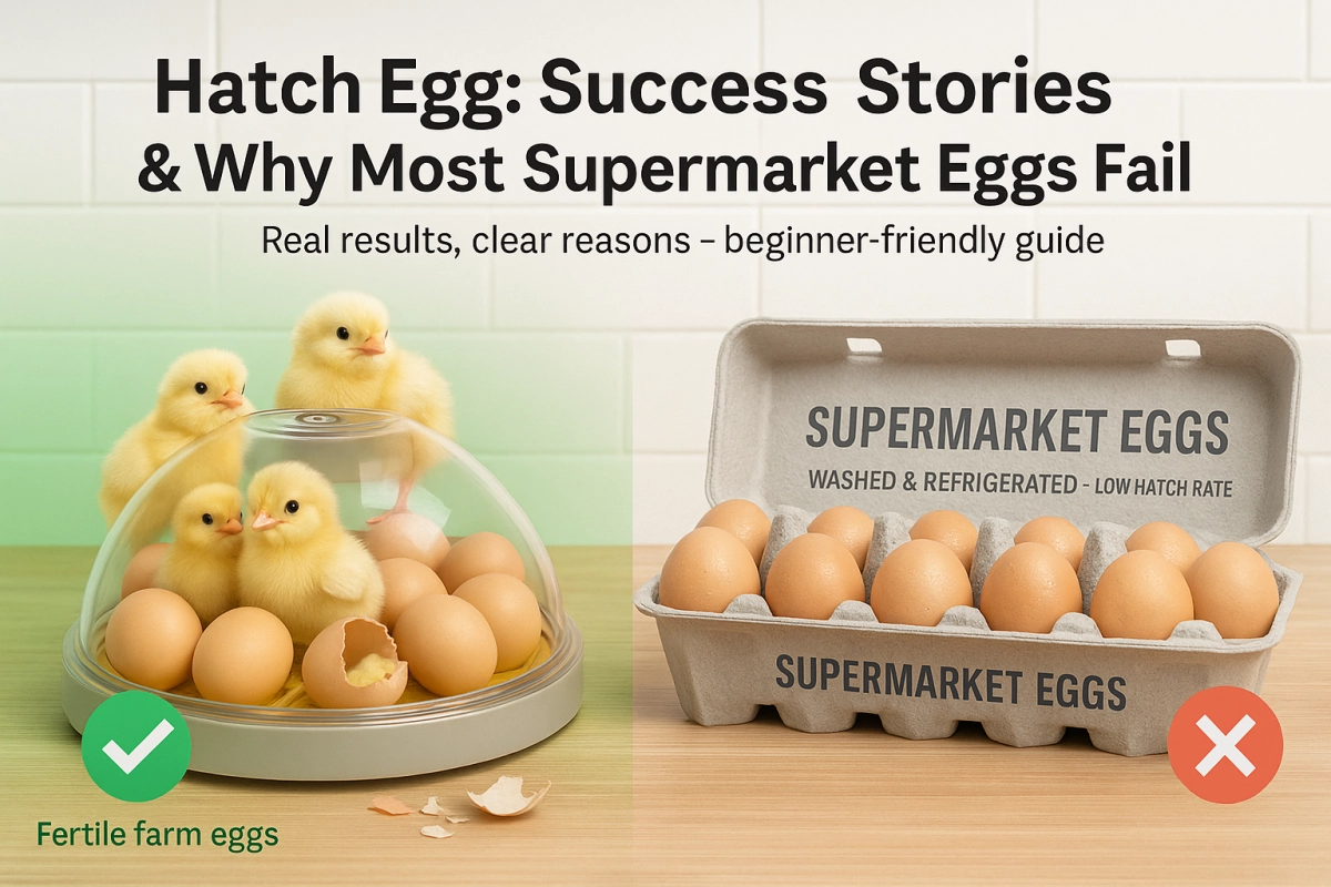 chicks hatching from fertile farm eggs in a dome incubator (left) versus washed, refrigerated supermarket eggs in an open carton that fail to hatch.