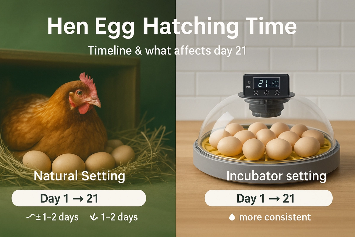 Split cover with a broody hen on a nest (natural) versus a dome incubator; visual timeline from day 1 to 21 highlights greater variation naturally and more consistent results in incubators.