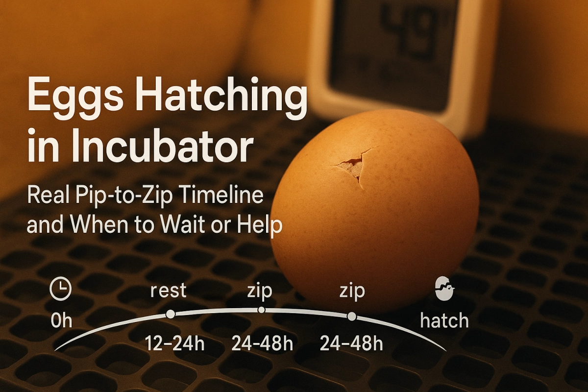 Egg hatching in incubator—pip crack close-up with pip-to-zip timeline; humidity 49%; when to wait or help.