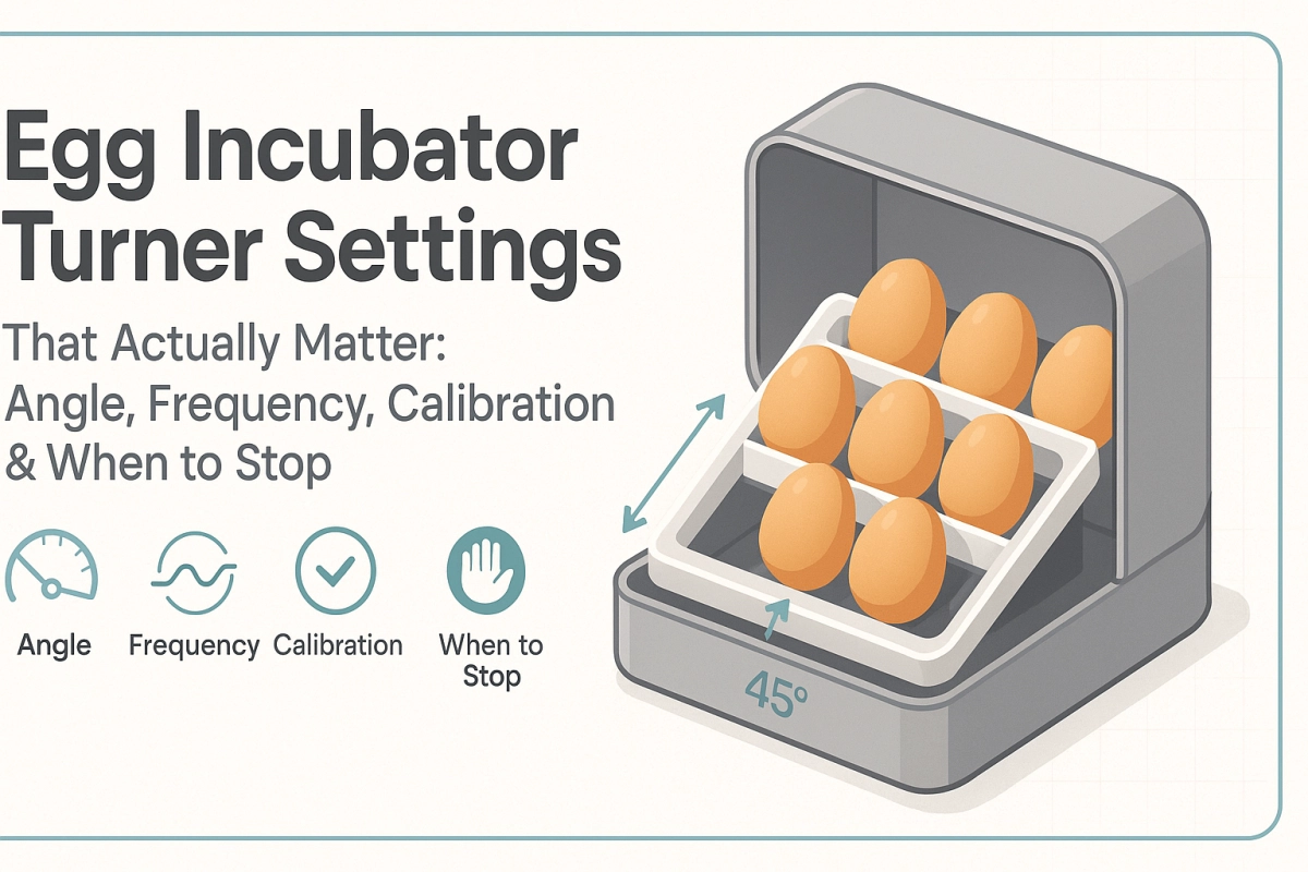 Cover illustration: an isometric egg incubator with a tray tilted ~45° holding eggs; left side shows the title and icons for angle, frequency, calibration, and when to stop.