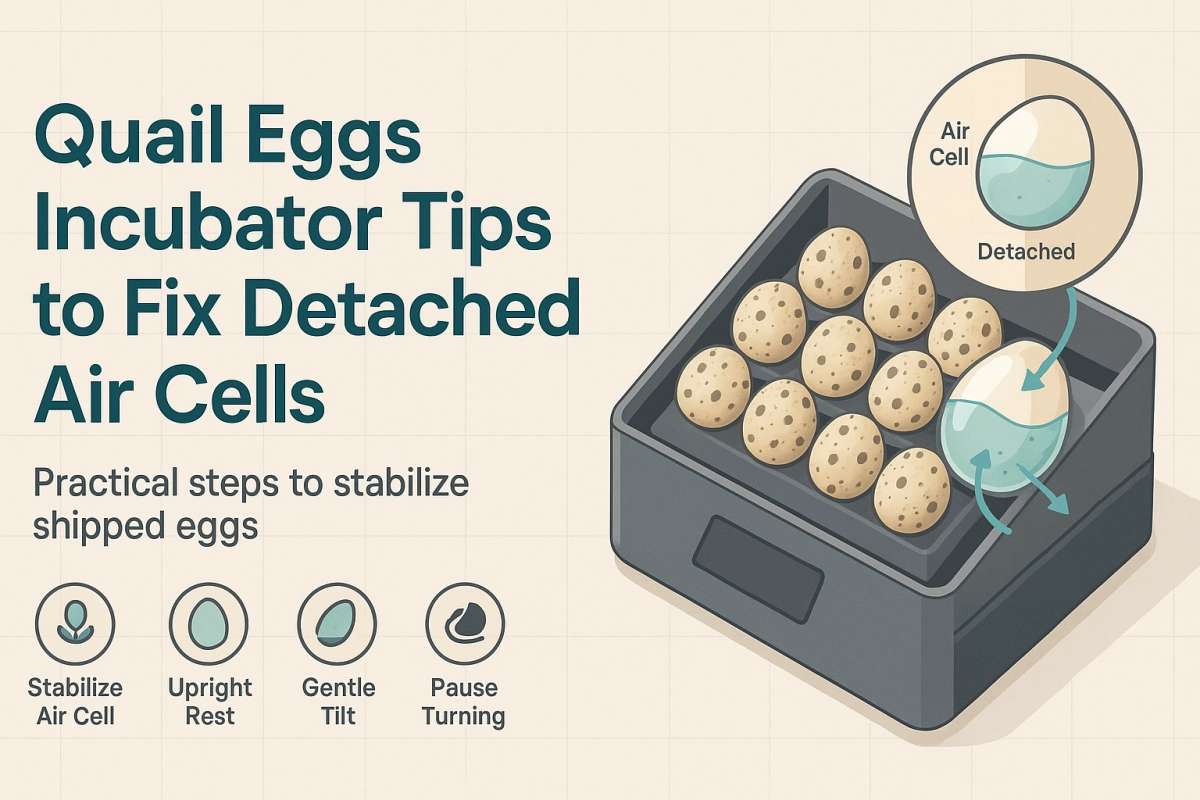 Quail eggs incubator cover: isometric tray with speckled eggs; callout shows detached air cell. Icons highlight steps: stabilize air cell, upright rest, gentle tilt, pause turning