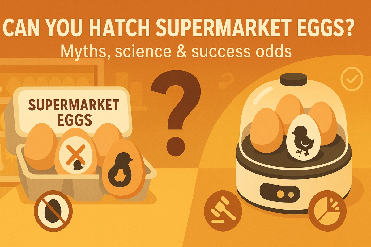 Can you hatch supermarket eggs? Carton marked X vs home incubator with chick, focusing on fertilization and success rates.