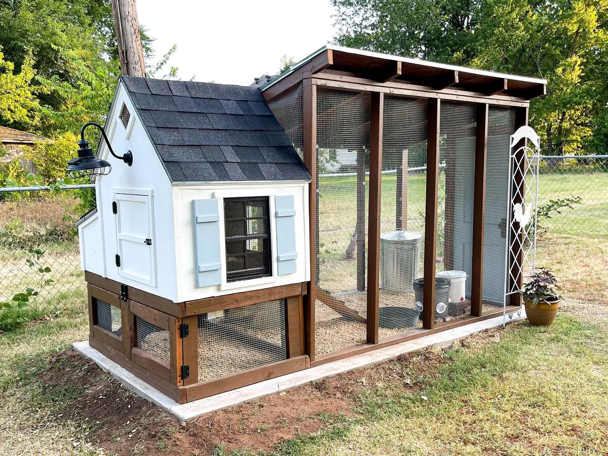A high-resolution photo of a micro chicken coop in a tidy suburban backyard, with chickens roaming freely and a garden in the background.