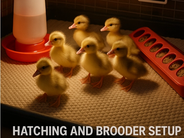 Newly hatched Muscovy ducklings under a heat lamp in a brooder with feeder, waterer, and a thermometer reading 32C 90F.