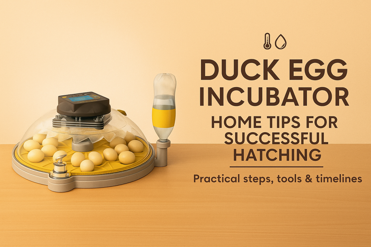 Round-dome duck egg incubator with digital controller and side water bottle, eggs on yellow tray — home hatching tips cover
