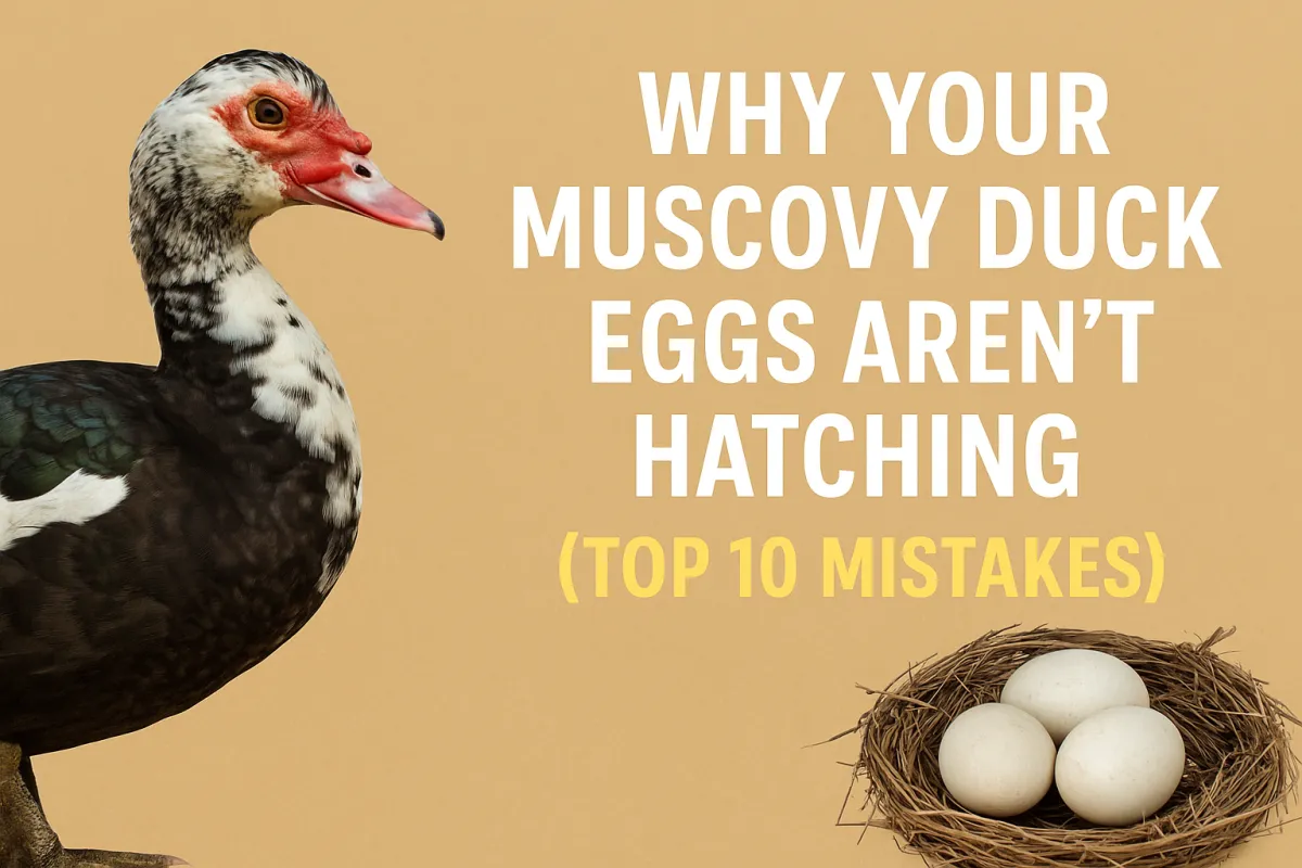 Muscovy duck eggs not hatching cover image—Muscovy duck with nest and blog title about top 10 incubation mistakes.