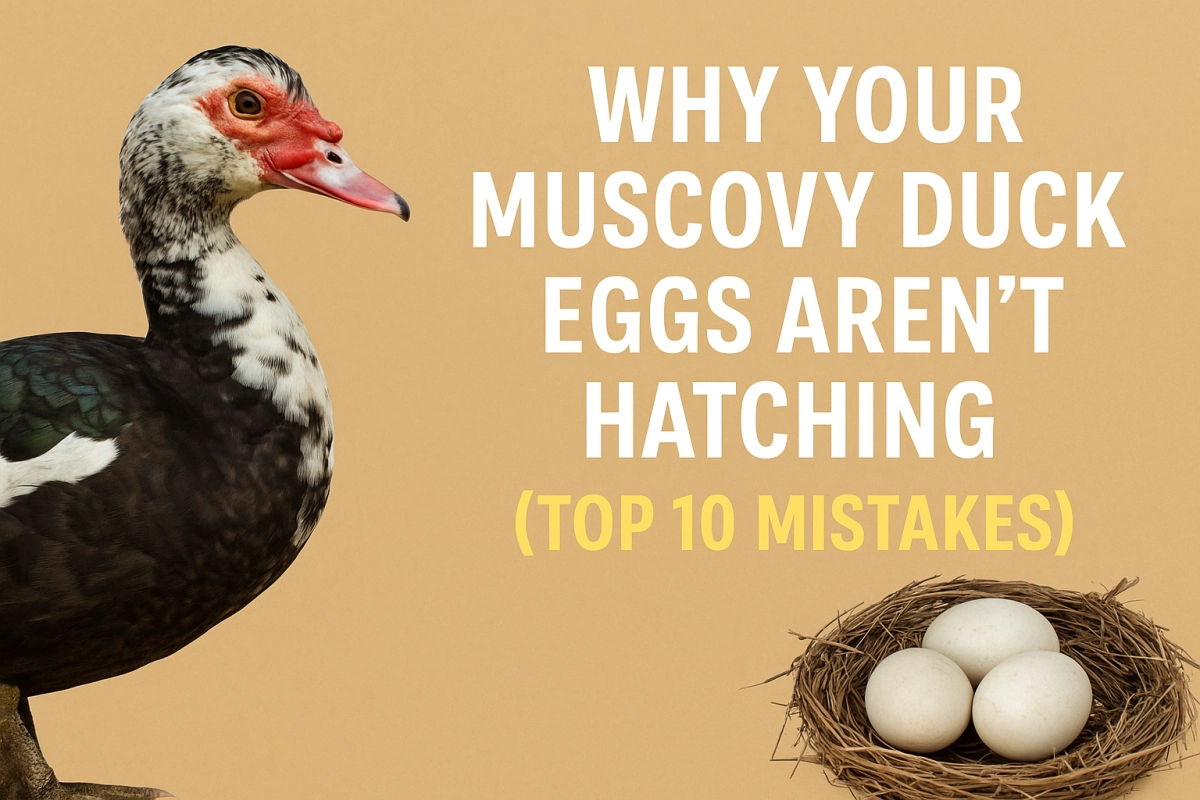 Muscovy duck eggs not hatching cover image—Muscovy duck with nest and blog title about top 10 incubation mistakes.