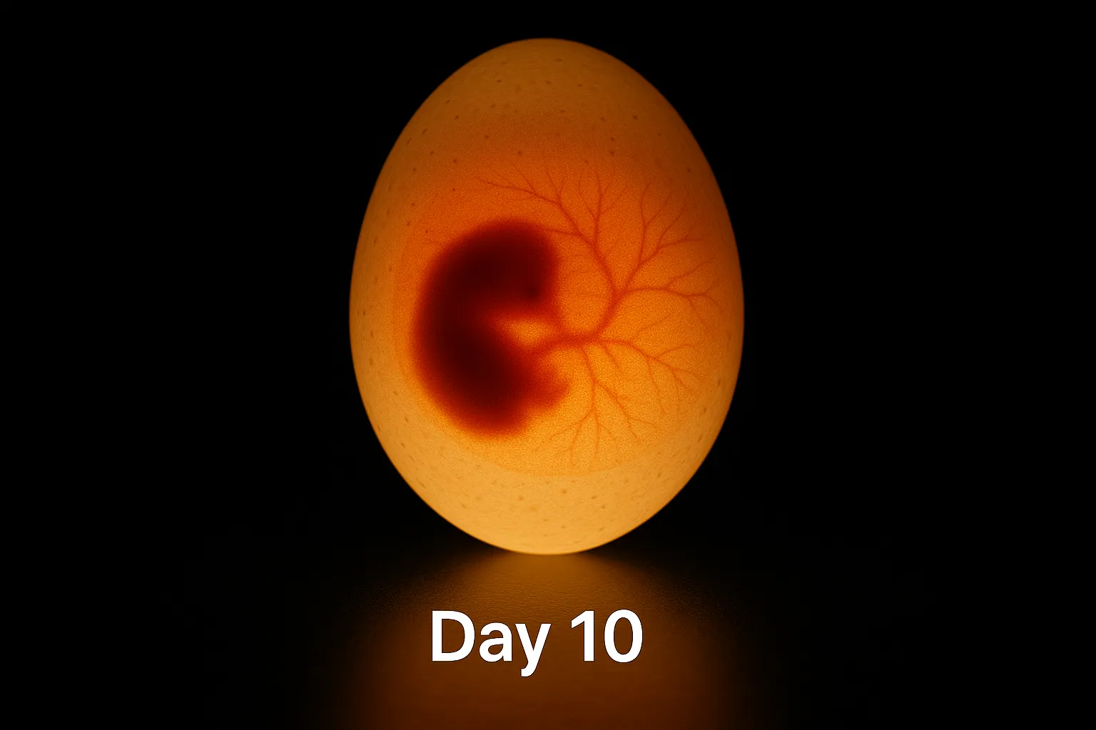 Candling Muscovy duck egg at day 10 reveals active embryo development with strong veins.