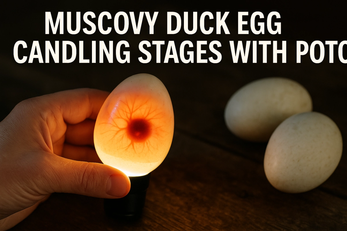 Hand candling a Muscovy duck egg; warm orange glow reveals veins and embryo development on a dark wooden background.