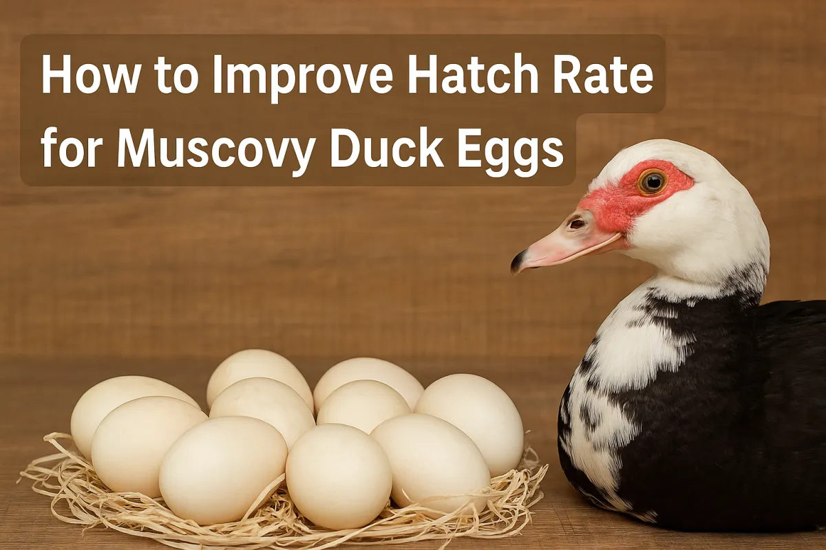 Muscovy duck beside a clutch of eggs on a wooden background, blog cover about improving hatch rate