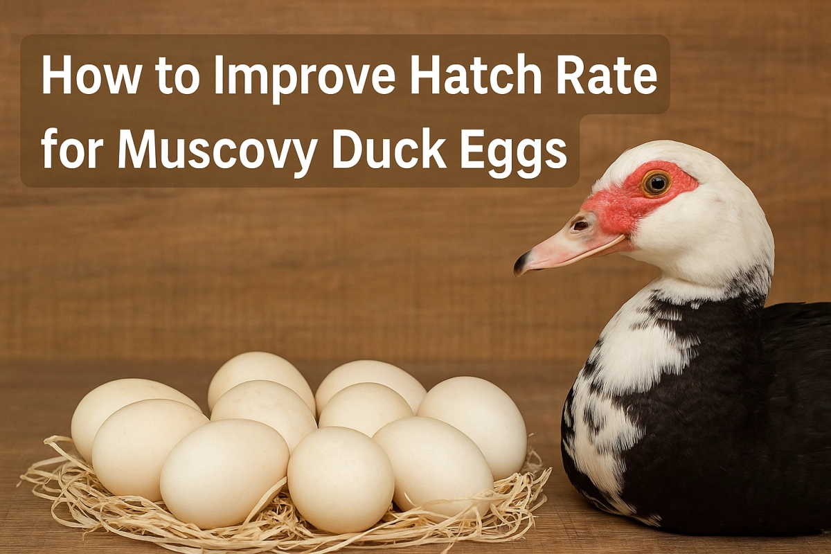 Muscovy duck beside a clutch of eggs on a wooden background, blog cover about improving hatch rate
