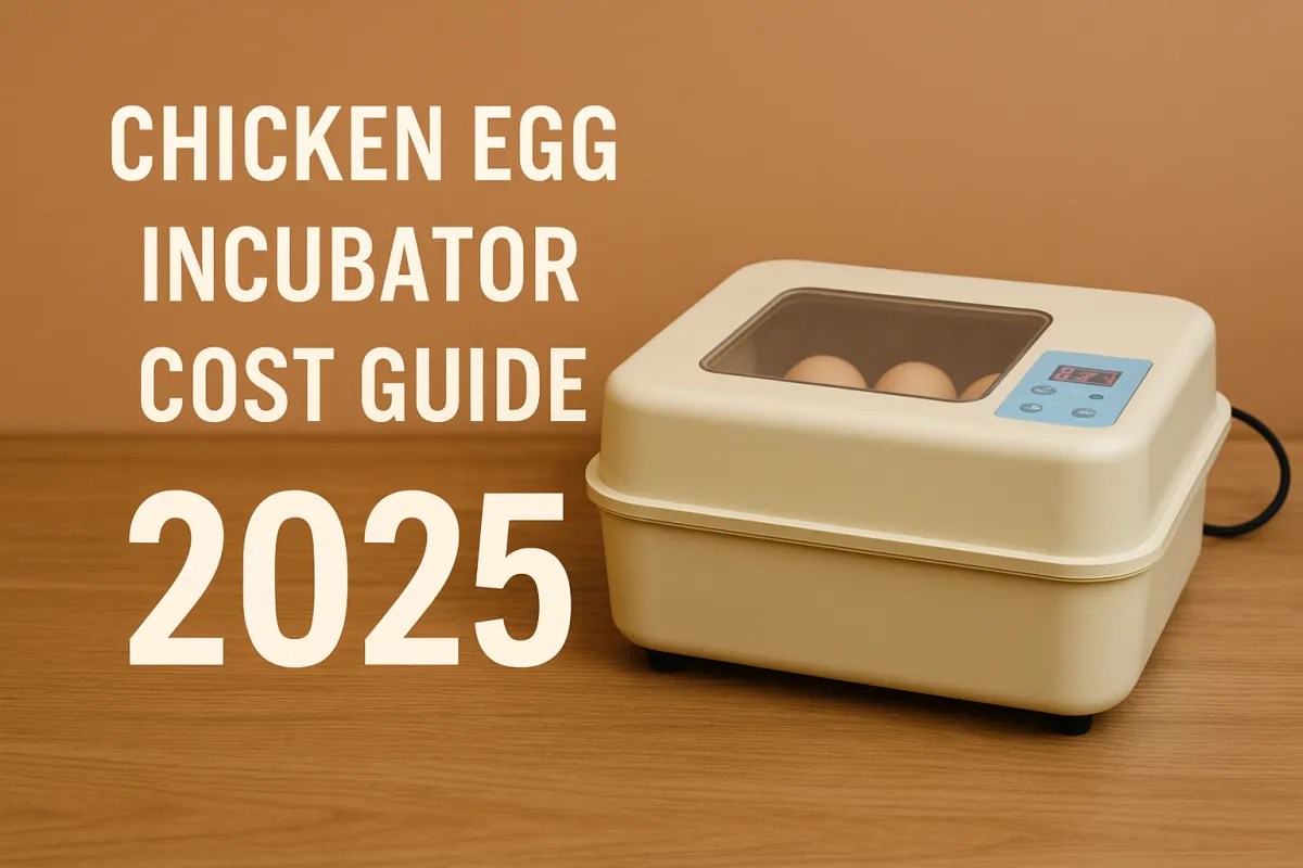The cover of the 2025 Egg Incubator Price Guide shows home and commercial incubators placed on a wooden table, with the title text clearly visible.