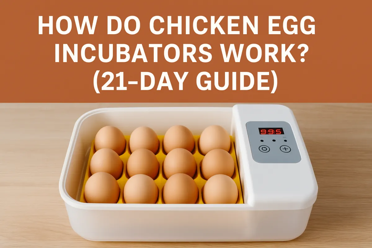 Desktop egg incubator with twelve eggs and lit control panel, cover image for How Do Chicken Egg Incubators Work? (21-Day Guide)