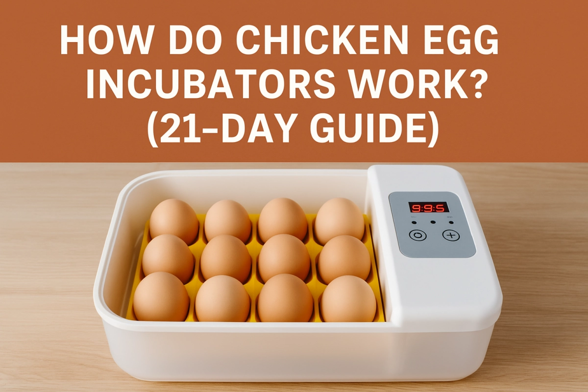 Desktop egg incubator with twelve eggs and lit control panel, cover image for How Do Chicken Egg Incubators Work? (21-Day Guide)