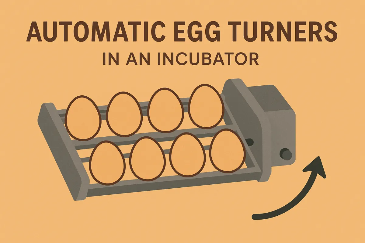 Automatic egg turner inside an incubator tilting eggs on a tray, illustrating how the mechanism works