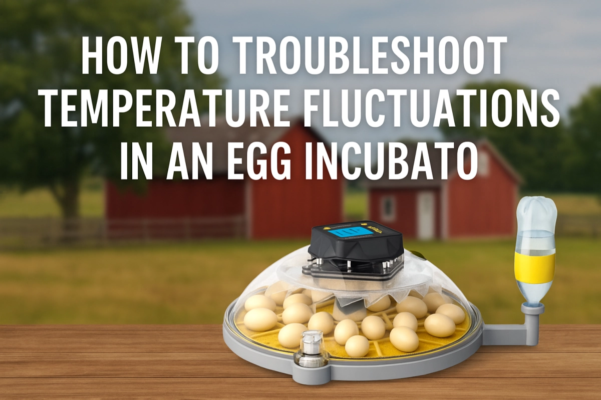 Egg incubator with clear dome and water-bottle humidifier on a farmhouse table, eggs on yellow tray; cover for temperature troubleshooting guide