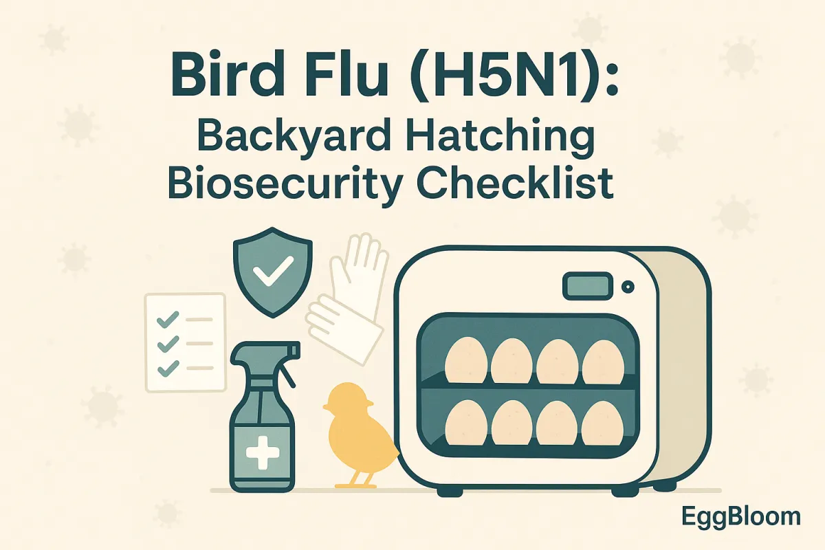 Flat illustration of an egg incubator with eggs, a chick, disinfectant spray, gloves, shield and checklist — cover for a Backyard Hatching H5N1 biosecurity guide.