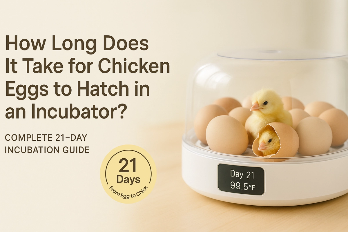 Chicken eggs and newly hatched chicks in a clear incubator on Day 21, illustrating the 21-day chicken egg incubation timeline at 99.5°F in a home egg incubator.