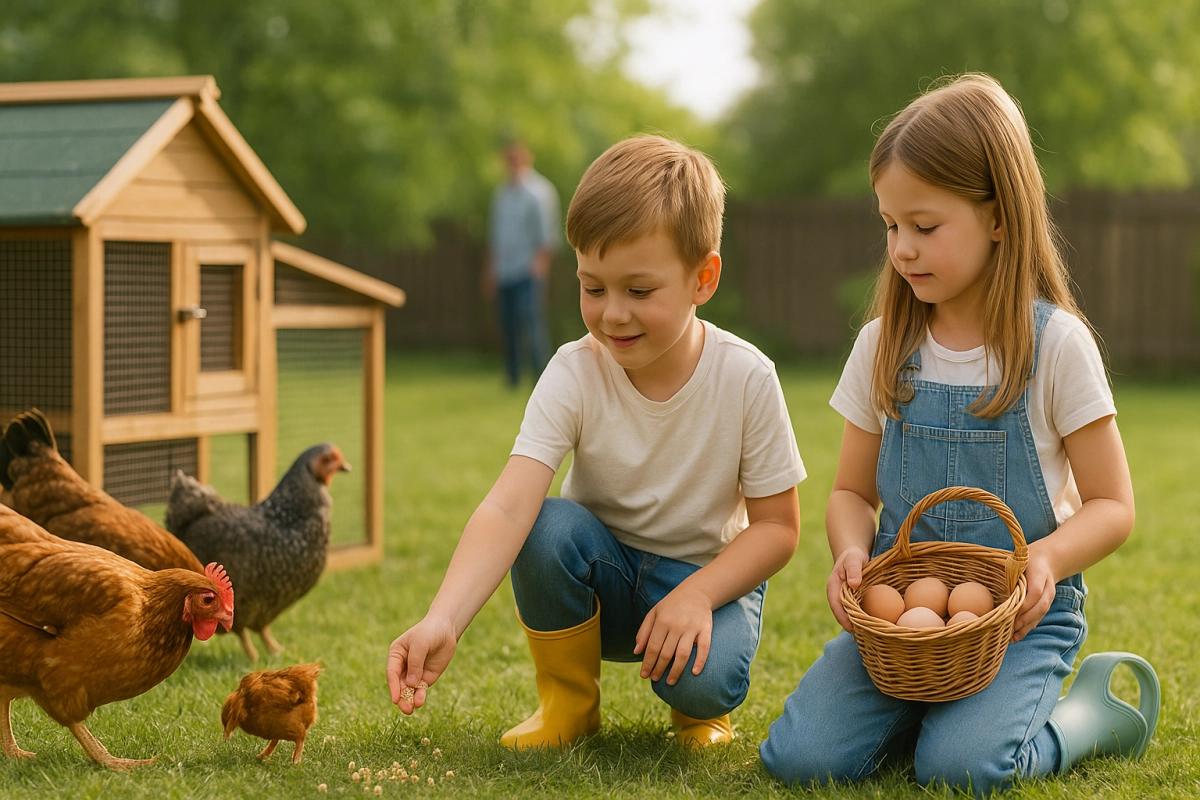 Two young children in a tidy backyard chicken coop area feeding hens and a chick while holding a basket of eggs, illustrating a safe family project raising chickens with kids.